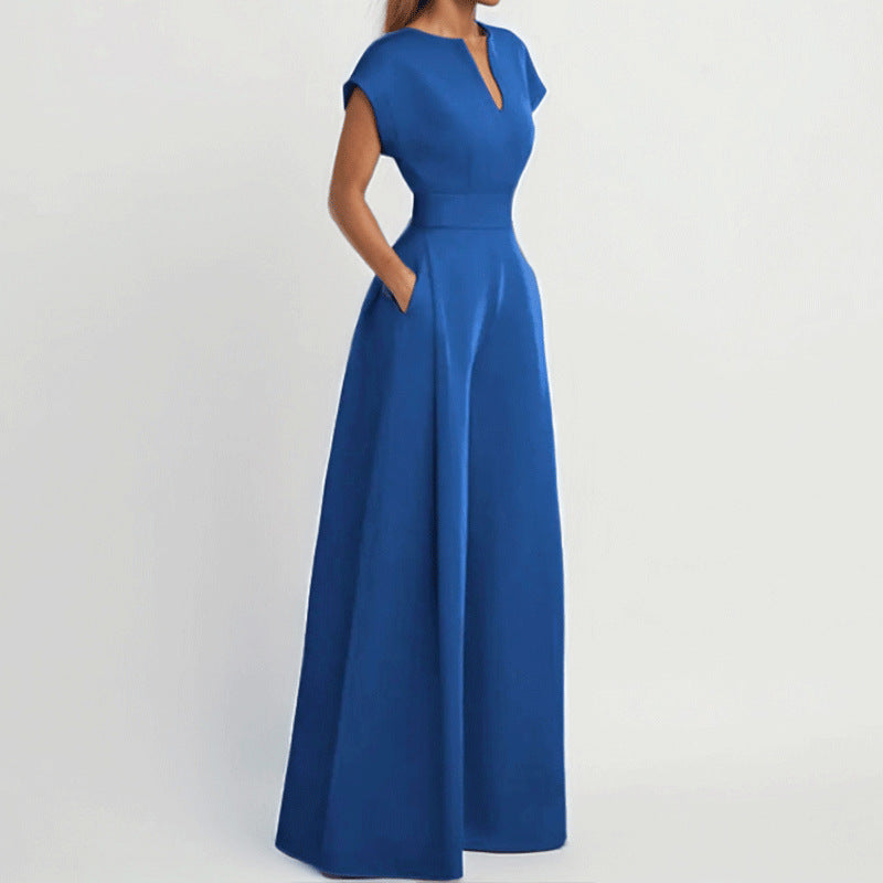 2026 Summer New Women's Fashion Commuter V-neck Waist Solid Color Wide Leg Jumpsuit NorixaFashion.com