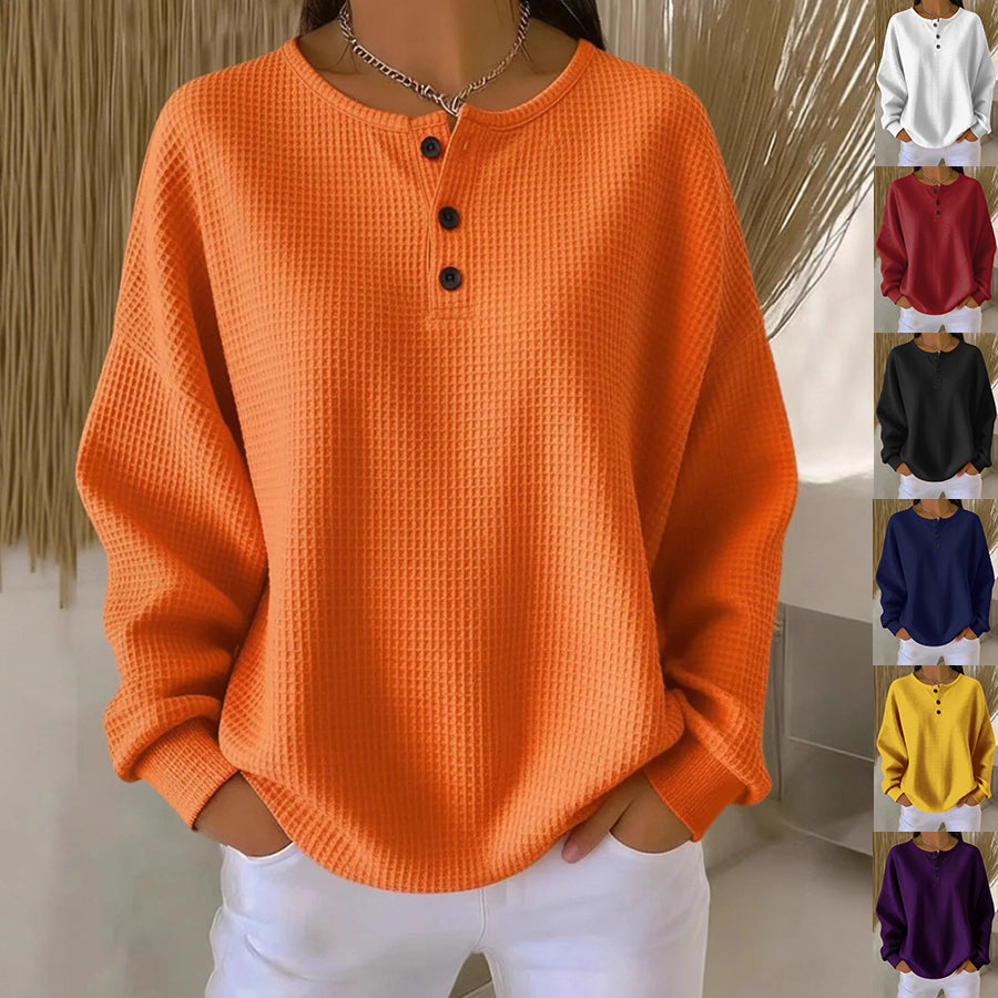 Ins Waffle Long-sleeved T-shirt Fashion Solid Color Buttons Round Neck Pullover Top Women's Clothing NorixaFashion.com