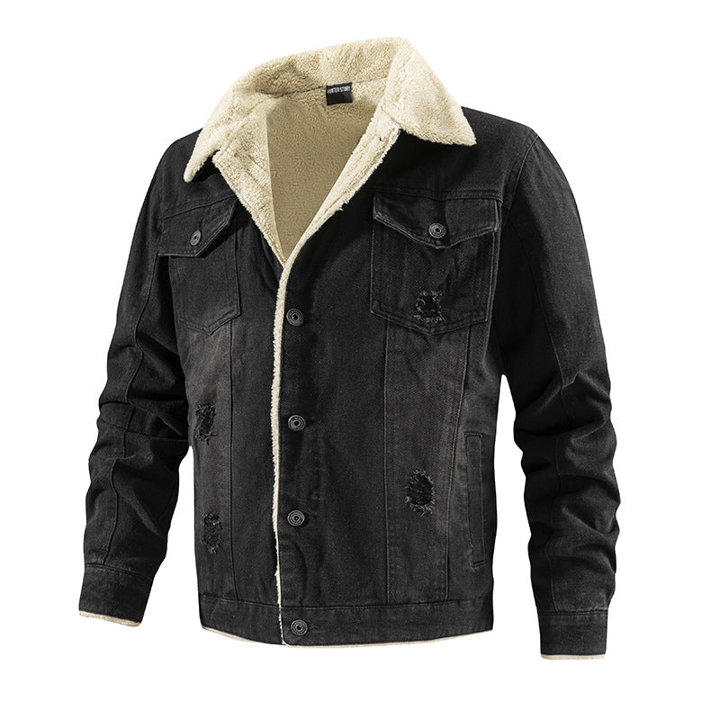 2026 Cross-Border Autumn And Winter Men's Long-Sleeve Fleece-Lined Thickened Denim Jacket With Turn-Down Collar, Large Size, Casual Versatile Fashion Urban Style NorixaFashion.com