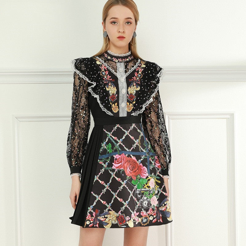 Women Foliage Black Plaid Print Dress NorixaFashion.com