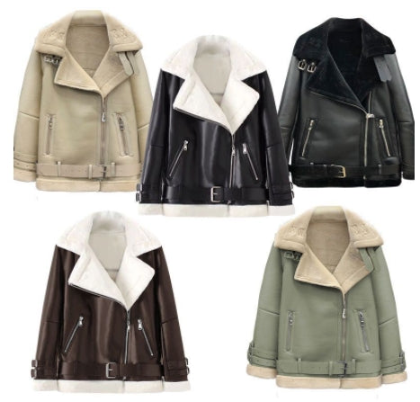 Lamb Wool Jacket, Thick Suede Leather Motorcycle Coat Pi-Mart
