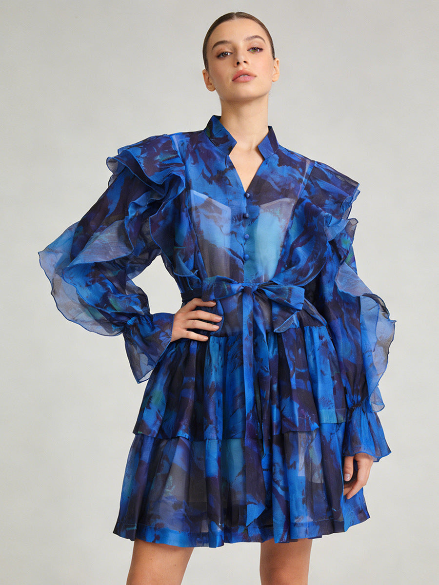V-neck Ruffled Tie-waist Dress NorixaFashion.com