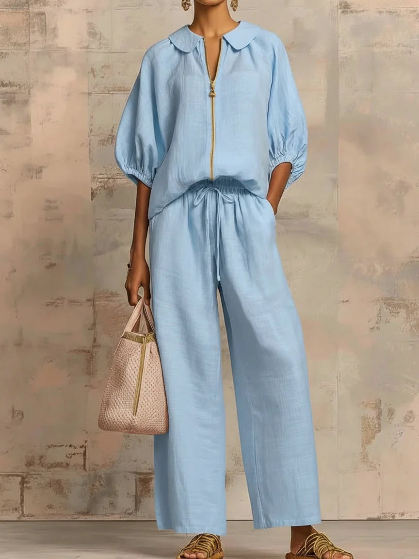 Solid-color Casual Loose-fitting Zip-up Sweatshirt And Straight-leg Pants Set NorixaFashion.com