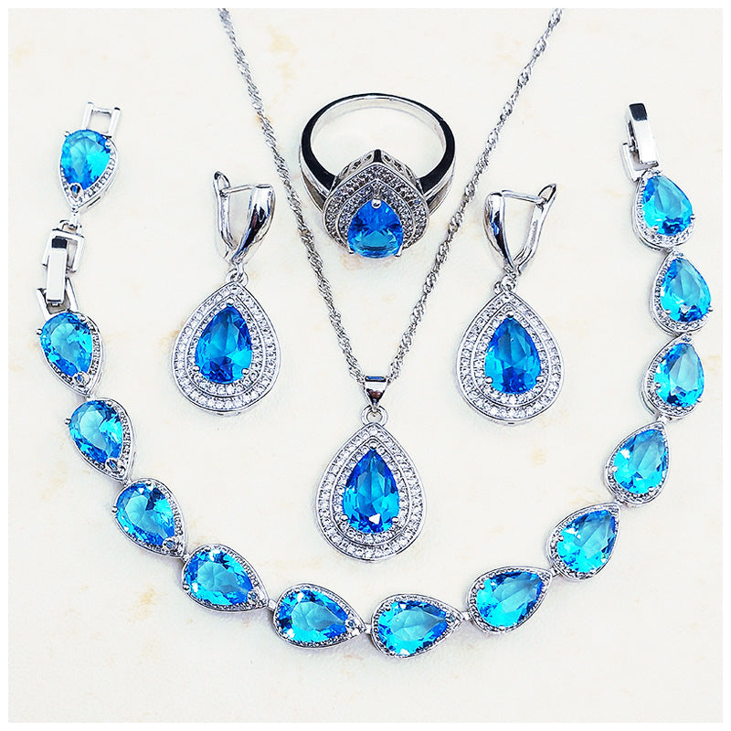 Jewelry Four-piece Set Rings Pendants Earrings Drop-shaped Gem LadyShow.Store