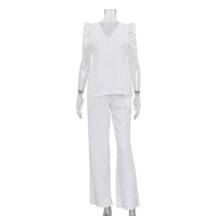 Cotton V-neck Flutter Sleeve Top And Trousers Loose Two-piece Casual Set NorixaFashion.com
