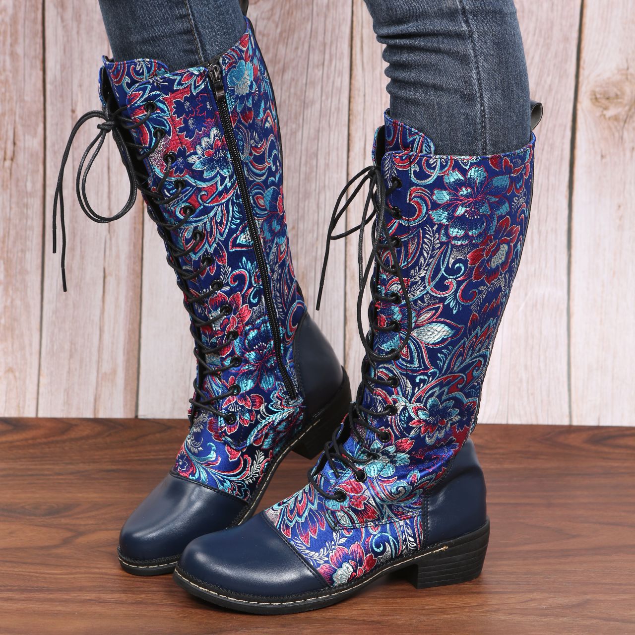 Flowers Print Long Boots WInter Retro Ethnic Style Shoes Lace-up Heeled Boots Women LadyShow.Store