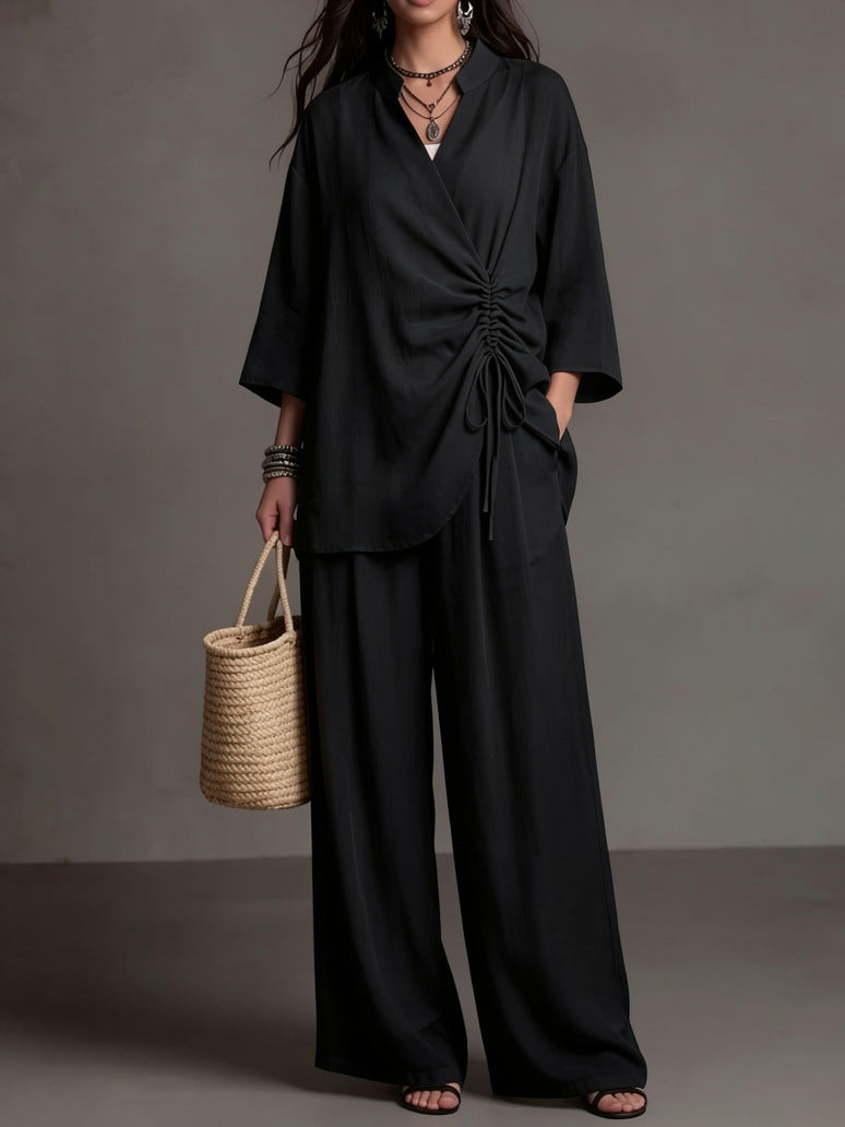 Stand-collar Top With Drawstring Waist High-waisted Slimming Wide-leg Pants Casual Set NorixaFashion.com
