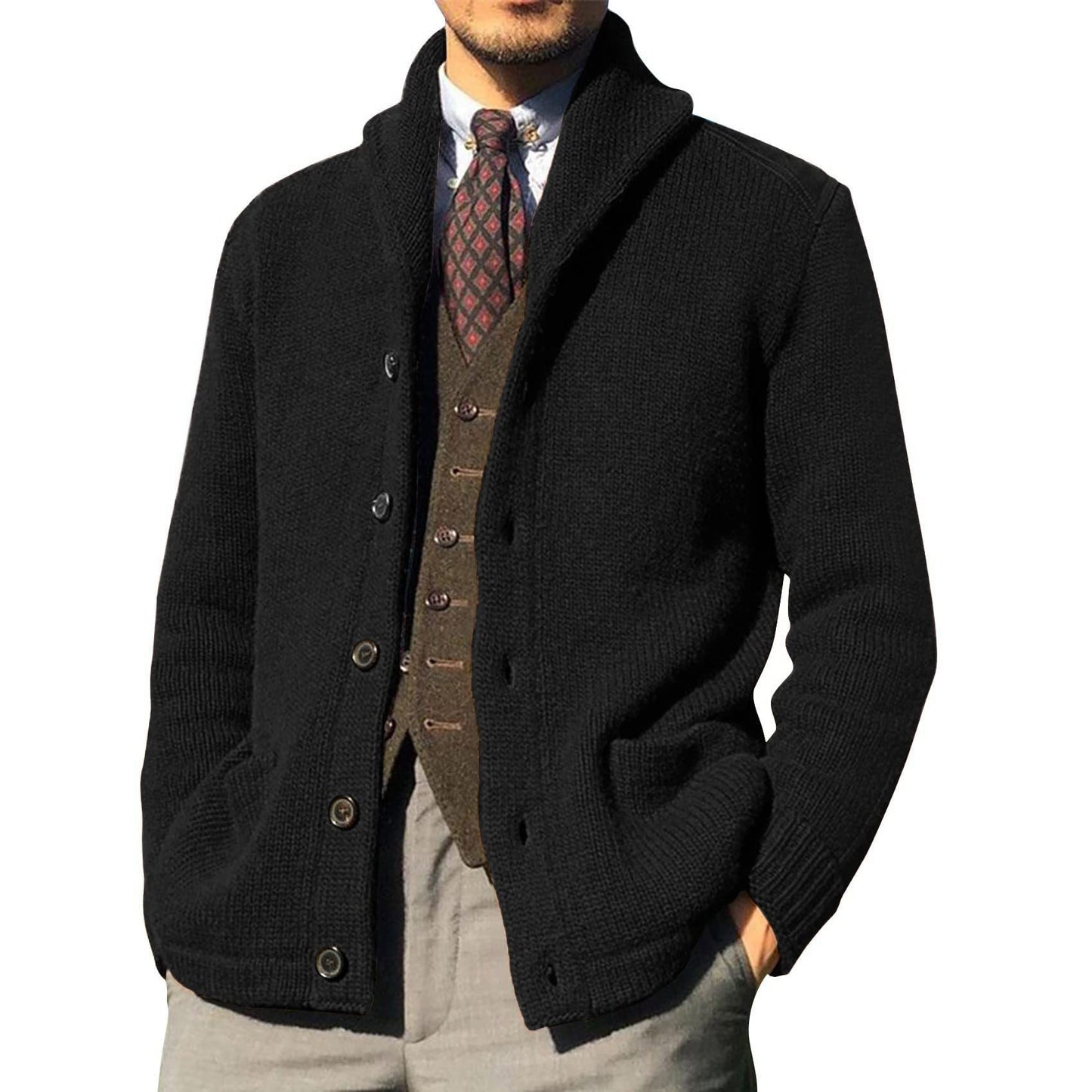 New Sweater Men's Euro American Solid Long Sleeve Knitted Cardigan LadyShow.Store