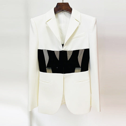 Fashion Cool Sheer Mesh Fishbone Slim Fit Patchwork Suit Jacket Best YouTube Store