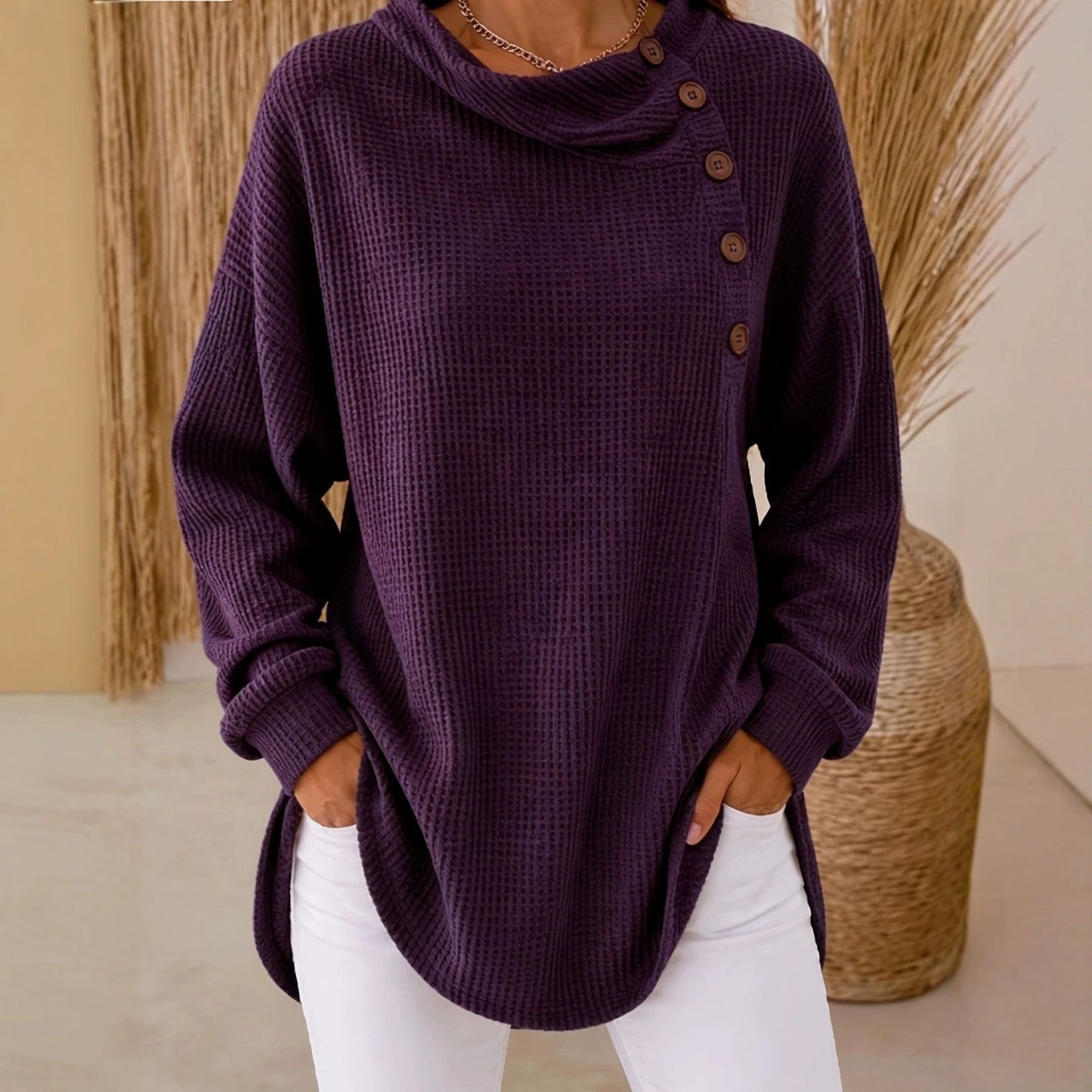 Womens Solid-Color Waffle-Weave Long-Sleeve Button-Up Casual Shirt Comfortable Top NorixaFashion.com