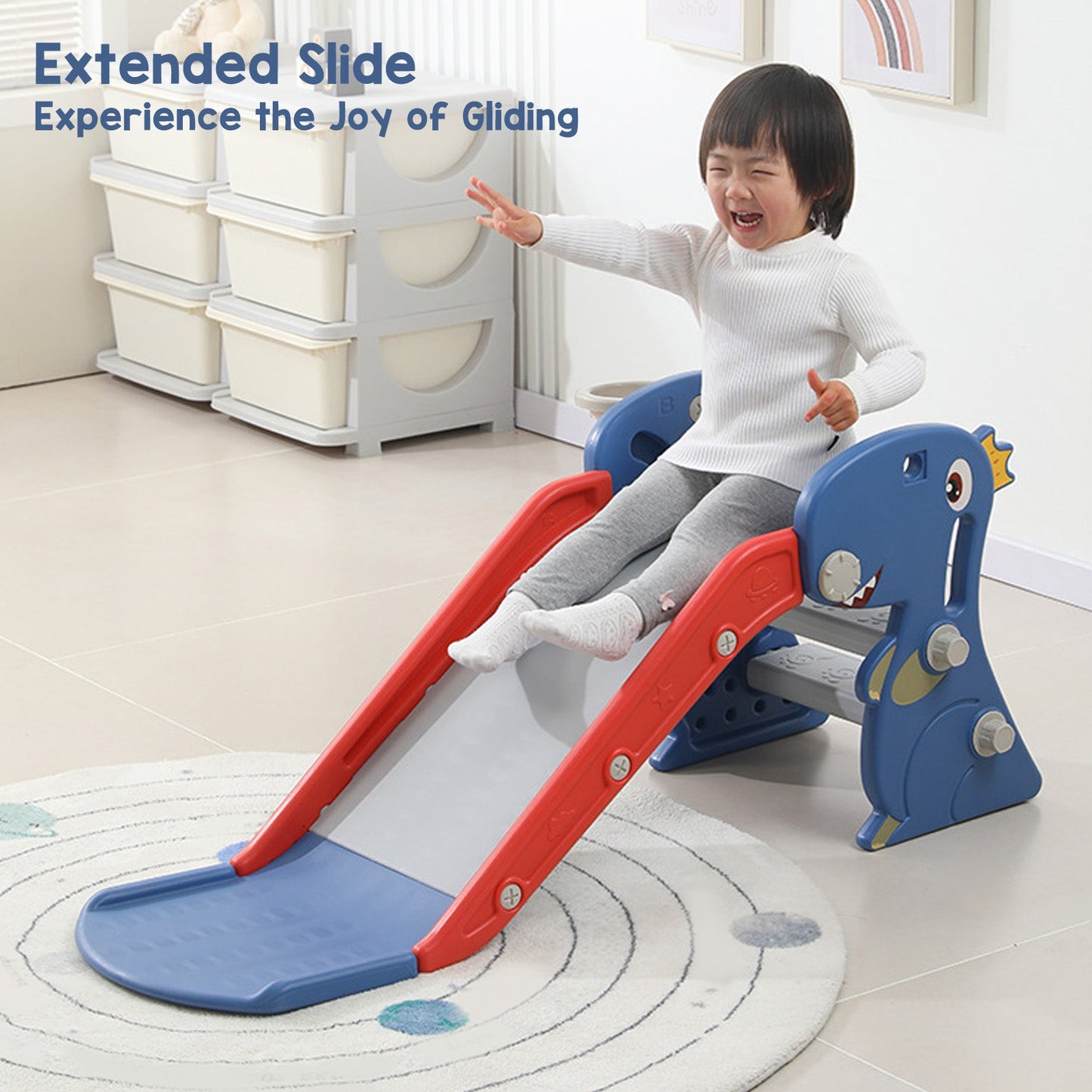 Toddler Indoor Slide For 0 To 3 Years Old Easy Assembly Dinosaur Shape Foldable Slide With Basketball Hoop Stairs Blue Best YouTube Store