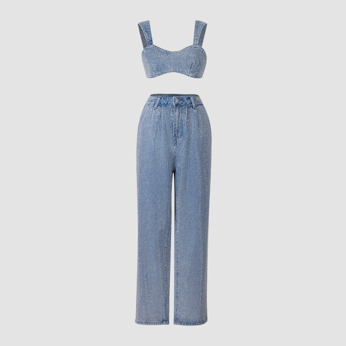 Elegant Glittery Denim Crop Top And Pants Ensemble NorixaFashion.com