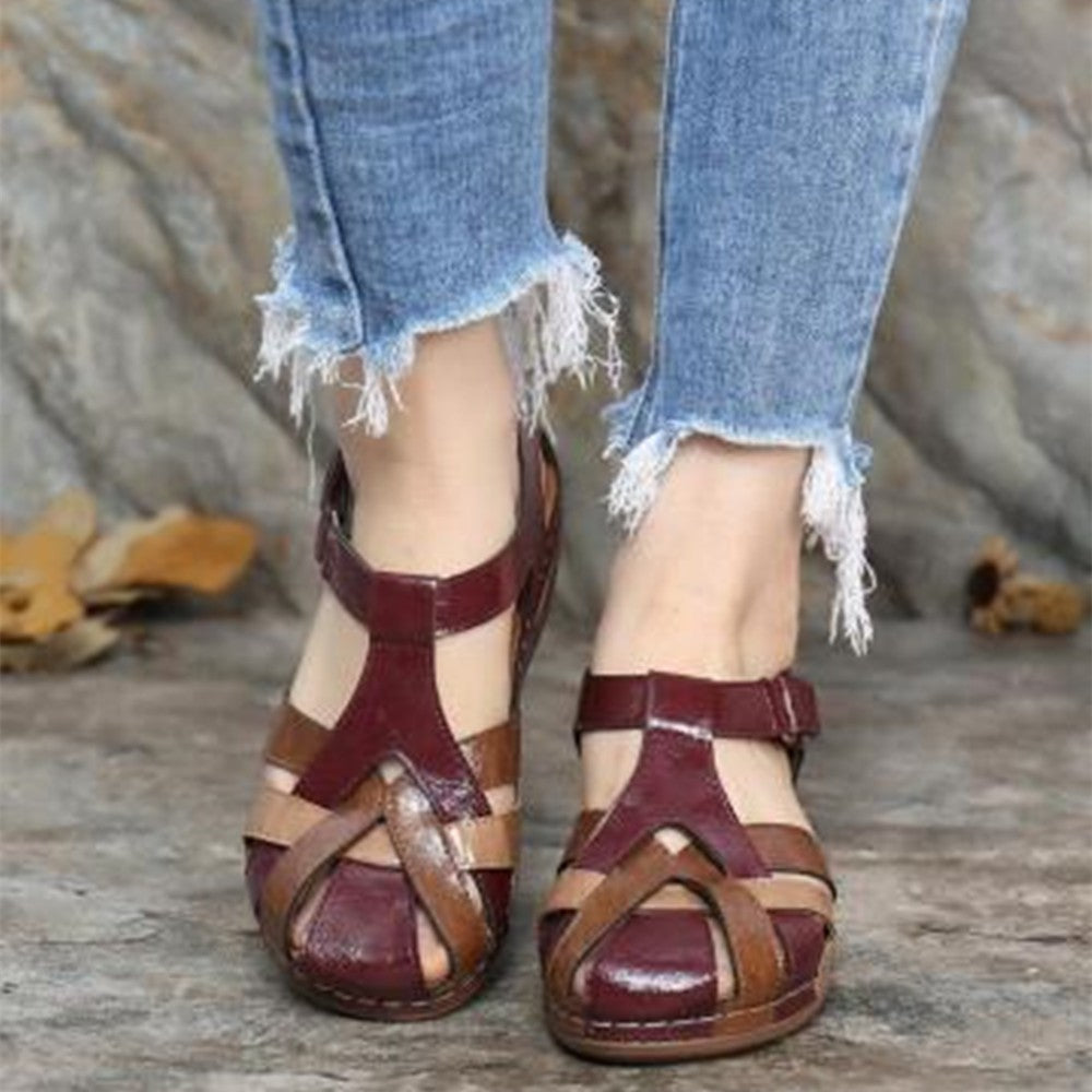 Vintage Round Toe Wedge Ladies Cross Buckle Sandals LadyShow.Store