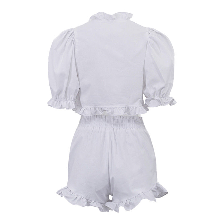 White Ruffled Linen-Blend Two-Piece Co-ord Set NorixaFashion.com