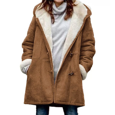 Winter Vintage Button Jackets Women's Warm Fleece Hooded Coat Casual Mid-Length Trench Top Outwear Clothing NorixaFashion.com