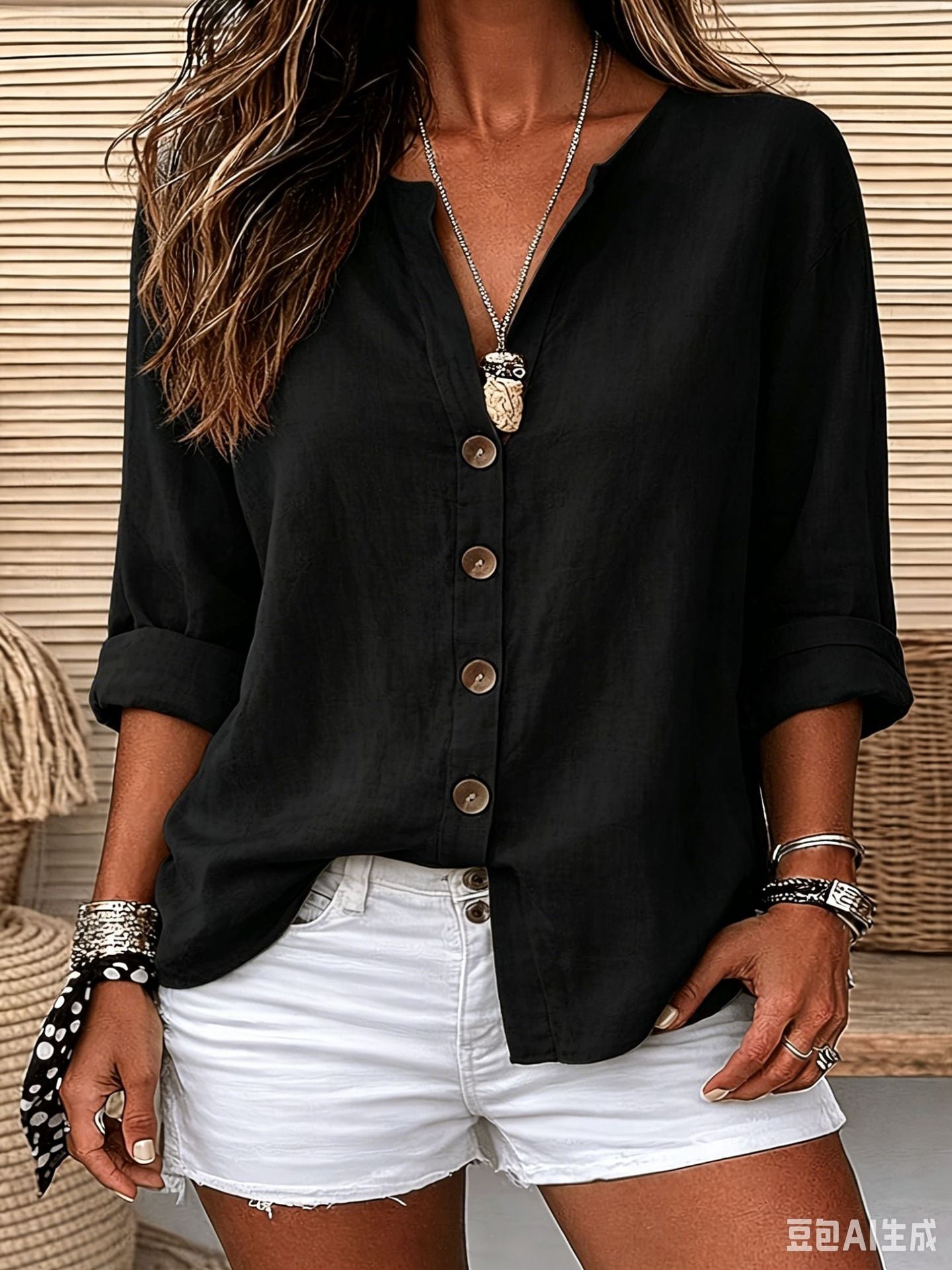 Womens V-neck Cotton-Linen Button-Down T-shirt Top NorixaFashion.com