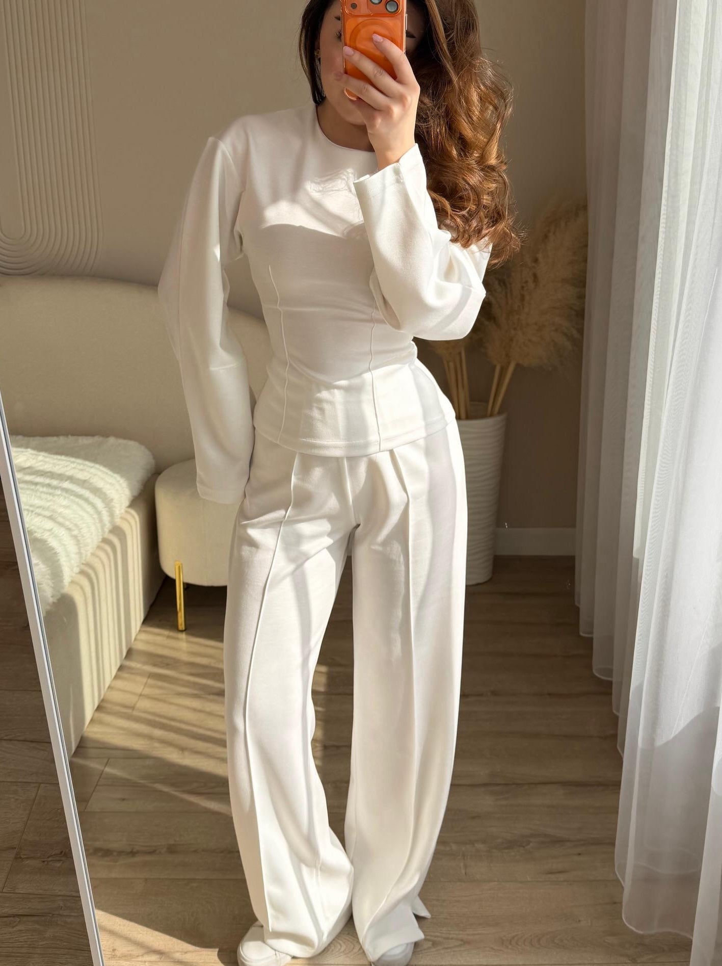 Fashionable Long-sleeved O-neck Pleated Top And Wide-leg Pants Set NorixaFashion.com