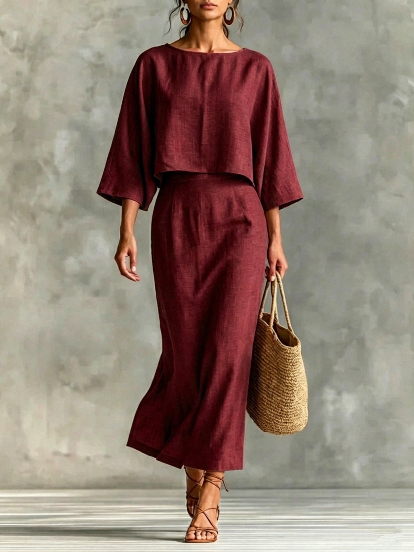 High Waisted Long Skirt Set With A Round Neck Three Quarter Sleeved Loose Fitting Womens Top NorixaFashion.com