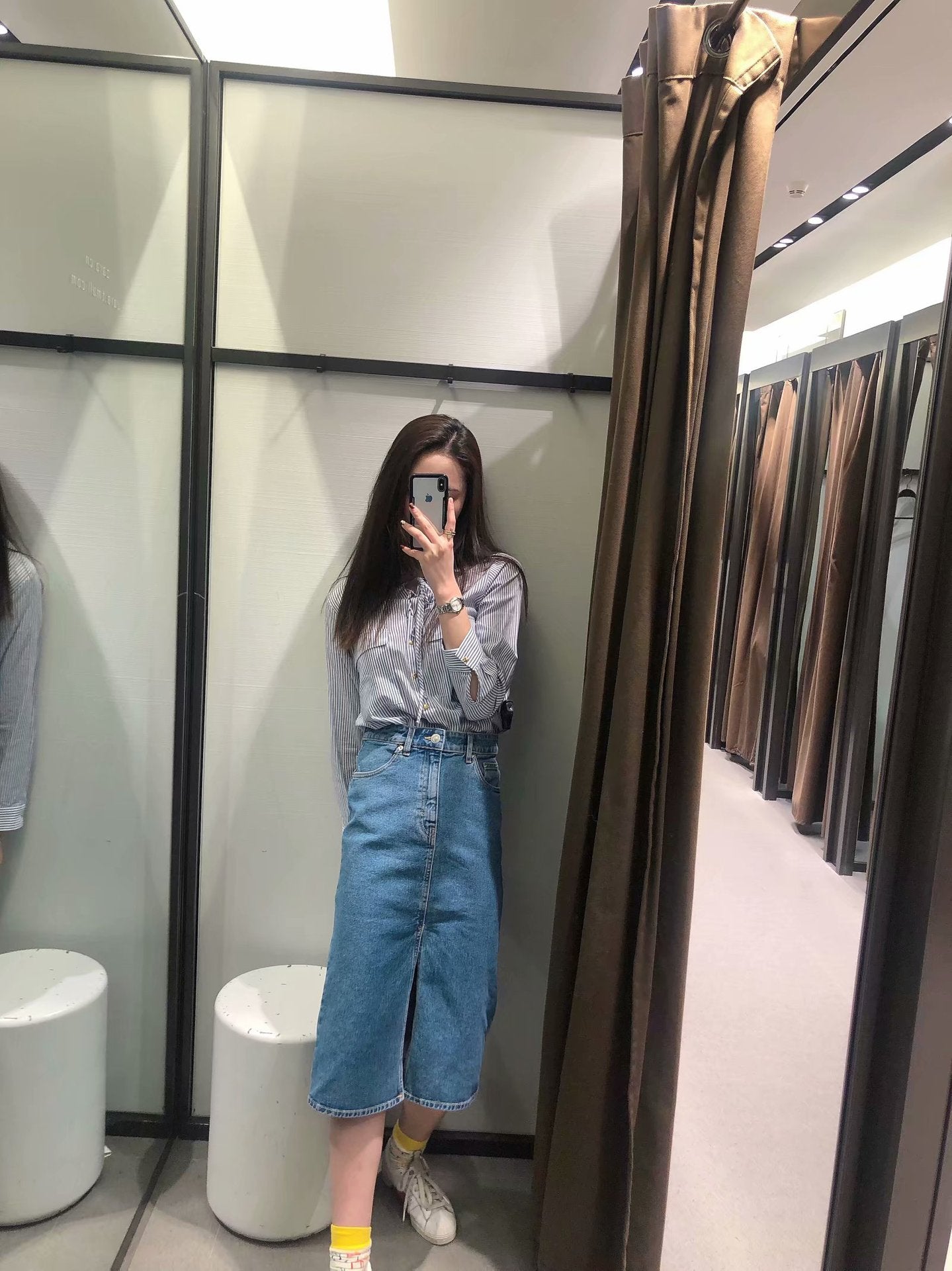 Split Hem Denim Skirt, Bodycon Denim Midi Skirt Pi-Mart