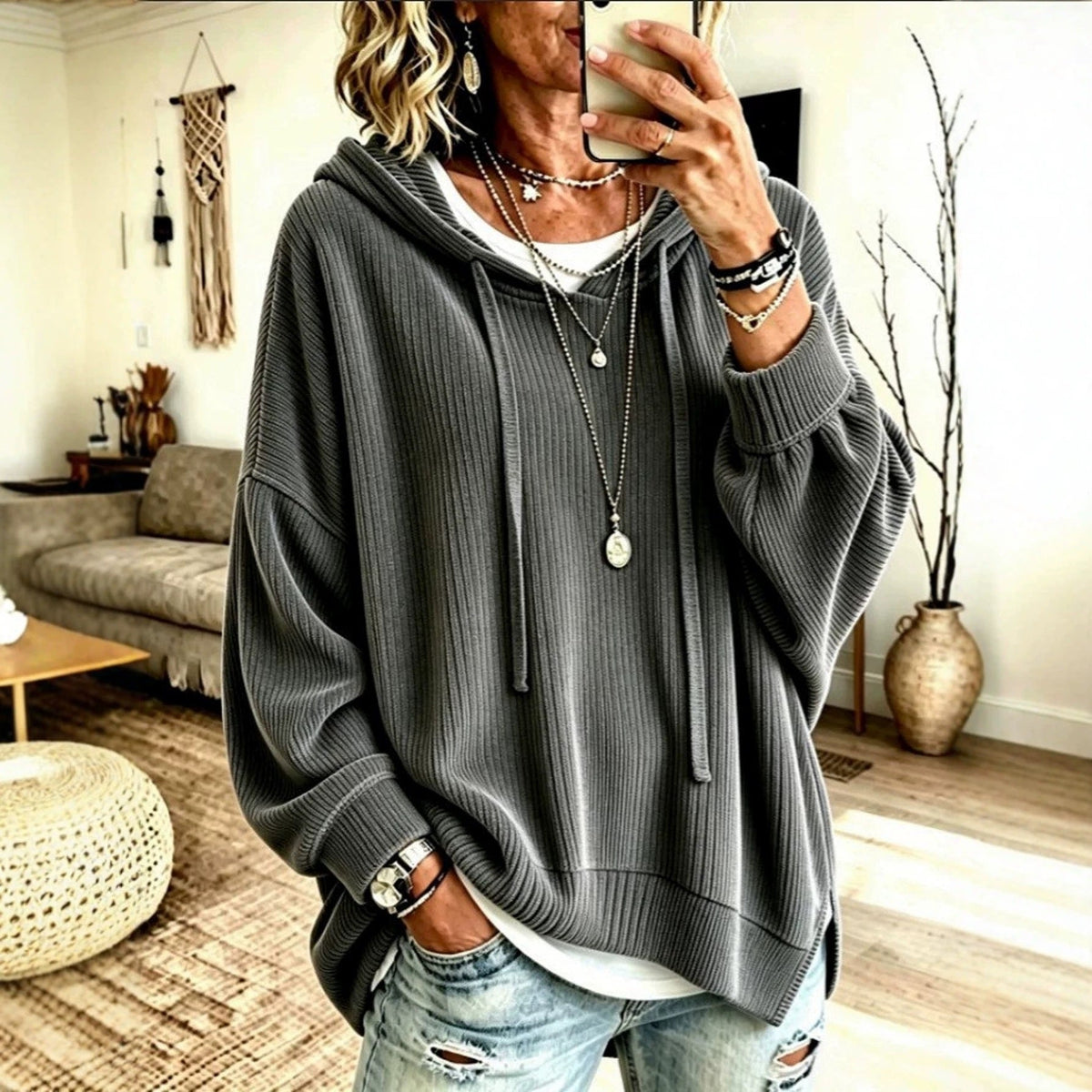 2026 European And American Women's Fashion Amazon Independent Store Hooded Drawstring Woven Corduroy Sweatshirt Jacket Loose Top NorixaFashion.com