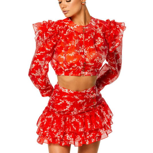 Round Neck Long-sleeved Cropped Top And Printed Skirt Two-piece Set NorixaFashion.com