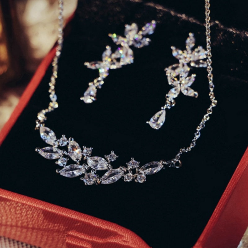 French Exquisite Zircon Leaves Super Fairy Bridal Wedding Necklace Earrings LadyShow.Store