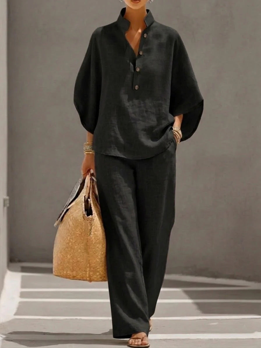 Women's Short-sleeved Suit Summer Loose Pullover Top And Straight-leg Trousers Outfit Clothing NorixaFashion.com