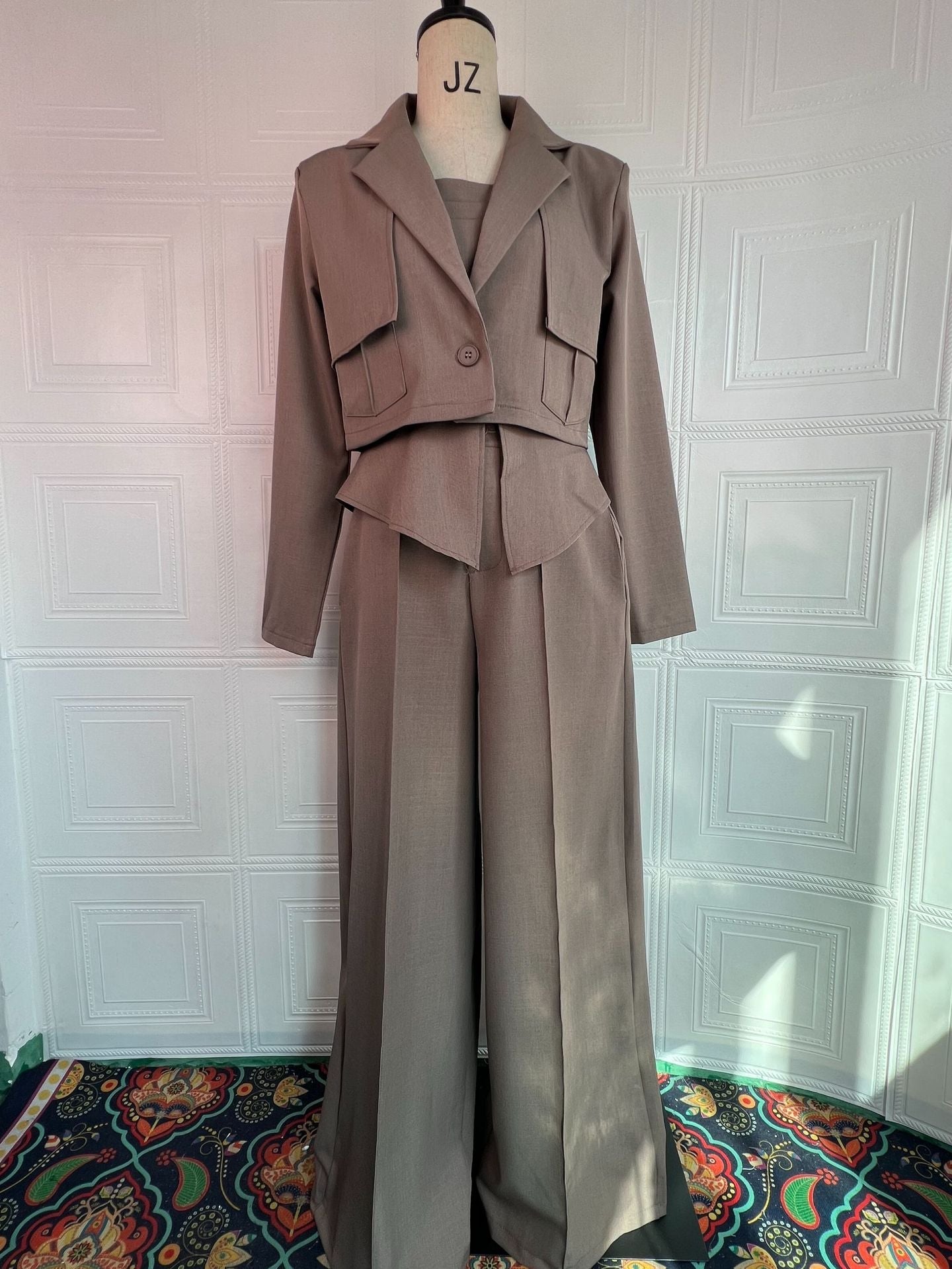 Womens Solid-color Elegant Blazer And Wide-leg Suspender Pants Set NorixaFashion.com