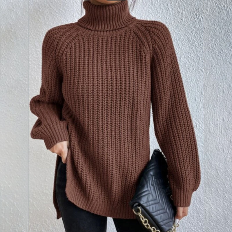 Turtleneck Pullover Sweater With Split Design Fashion Simple Solid Color Long Sleeve Tops Women's Clothing LadyShow.Store