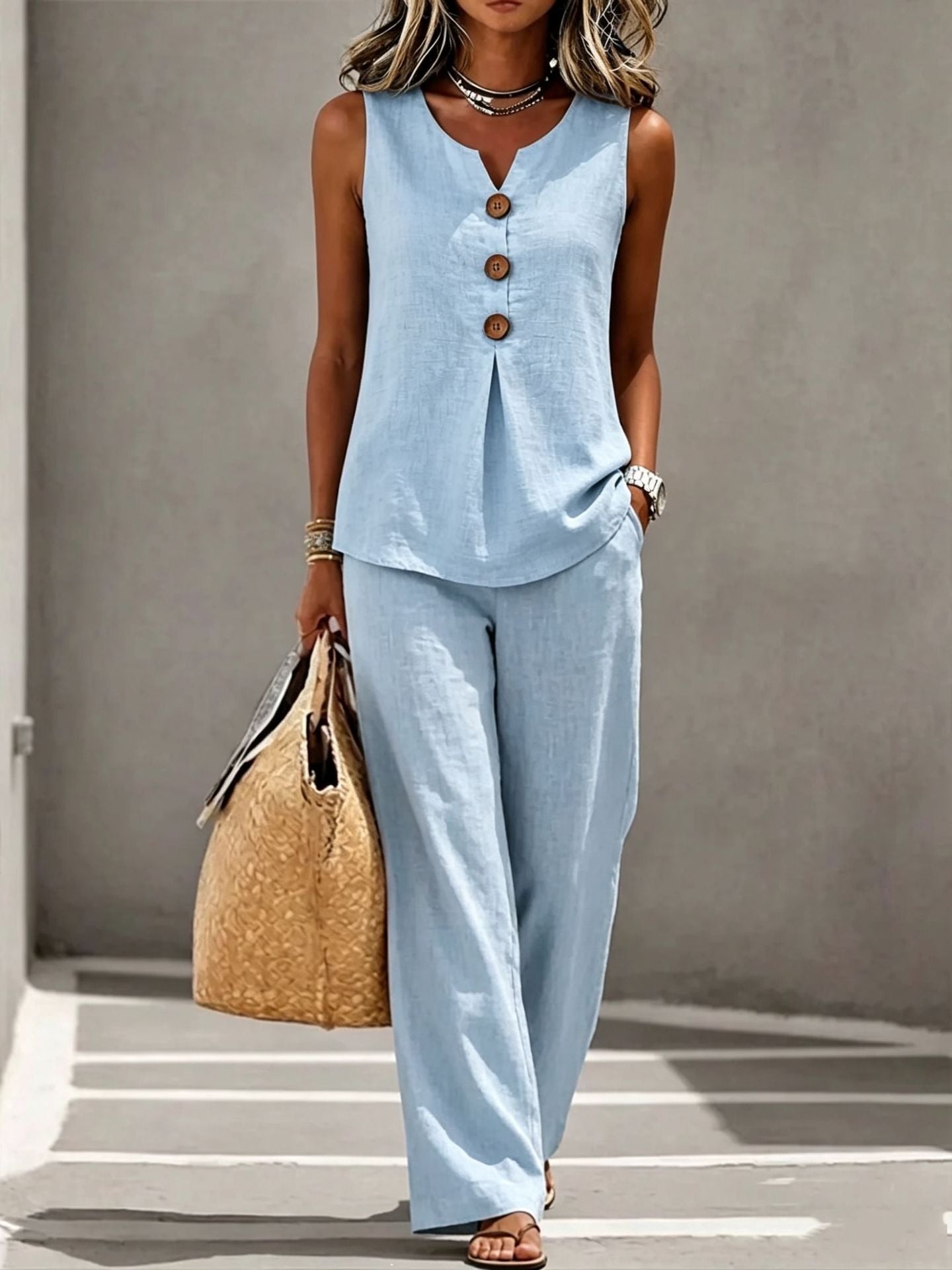 Womens V-neck Buttoned Sleeveless Vest Top Set Two-piece Outfit NorixaFashion.com