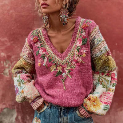 Women's Casual Vintage Bohemian V-neck Top With Ethnic-style Long Sleeves LadyShow.Store