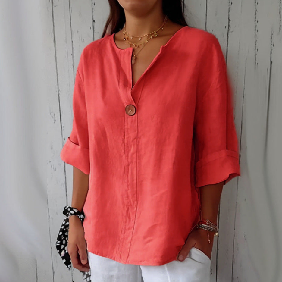 V-neck Long-sleeved T-shirt Fashion Loose Cotton And Linen Button Tops For Women NorixaFashion.com