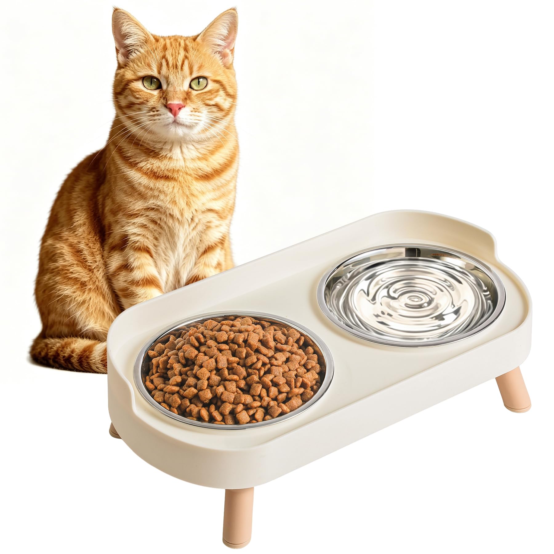 Elevated Cat Bowls Set - Raised Cat Food And Water Bowl Set With Non Slip Stand - Pet Feeding Station With 2 Stainless Steel Bowls Pets Fashion