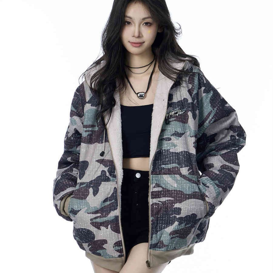 American Vintage Army Green Camouflage Fur Collar Hood Jacket LadyShow.Store