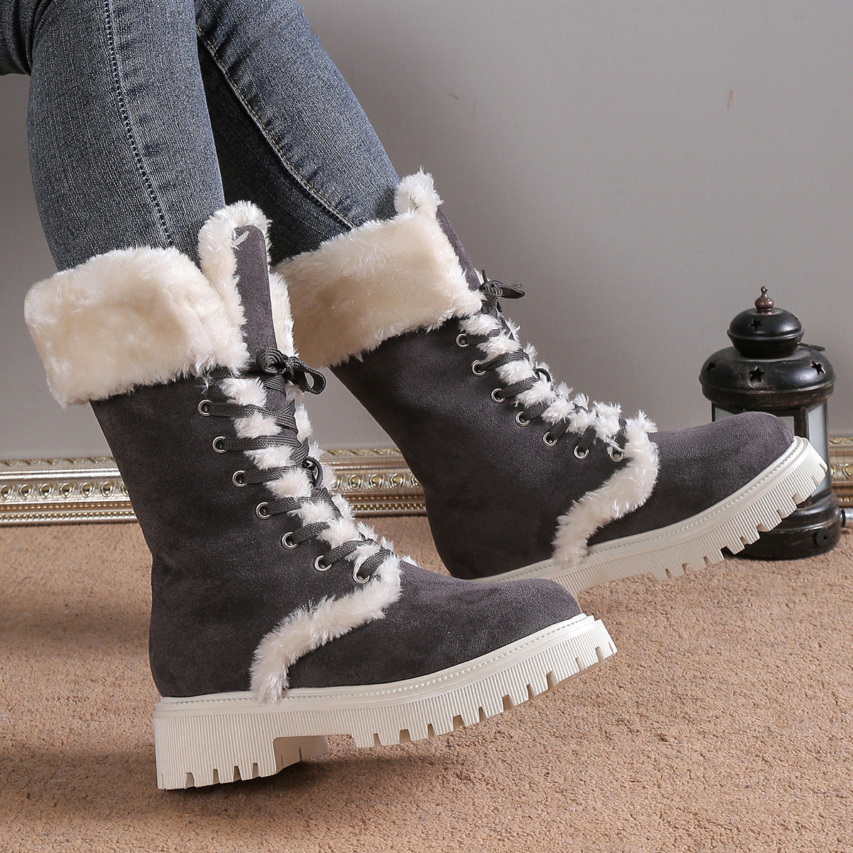 Winter Lace-up Snow Boots For Women Mid-tube Fleece Shoes Warm Chunky Heels Plush Boot LadyShow.Store