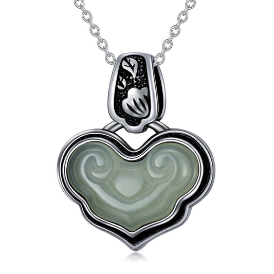 Vintage Heart Jade Pendant Necklace Sterling Silver Boho Antique Necklace Jewelry Gifts for Women Girls Wife Girlfriend Lover Her LadyShow.Store