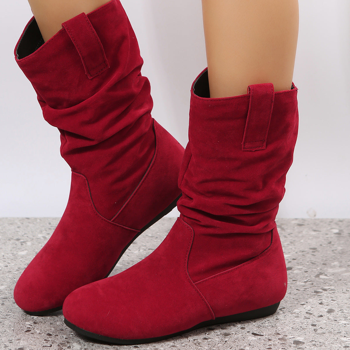 Round Toe Flat Boots Fashion Solid Color Suede Mid-calf Boot Winter Warm Shoes For Women LadyShow.Store