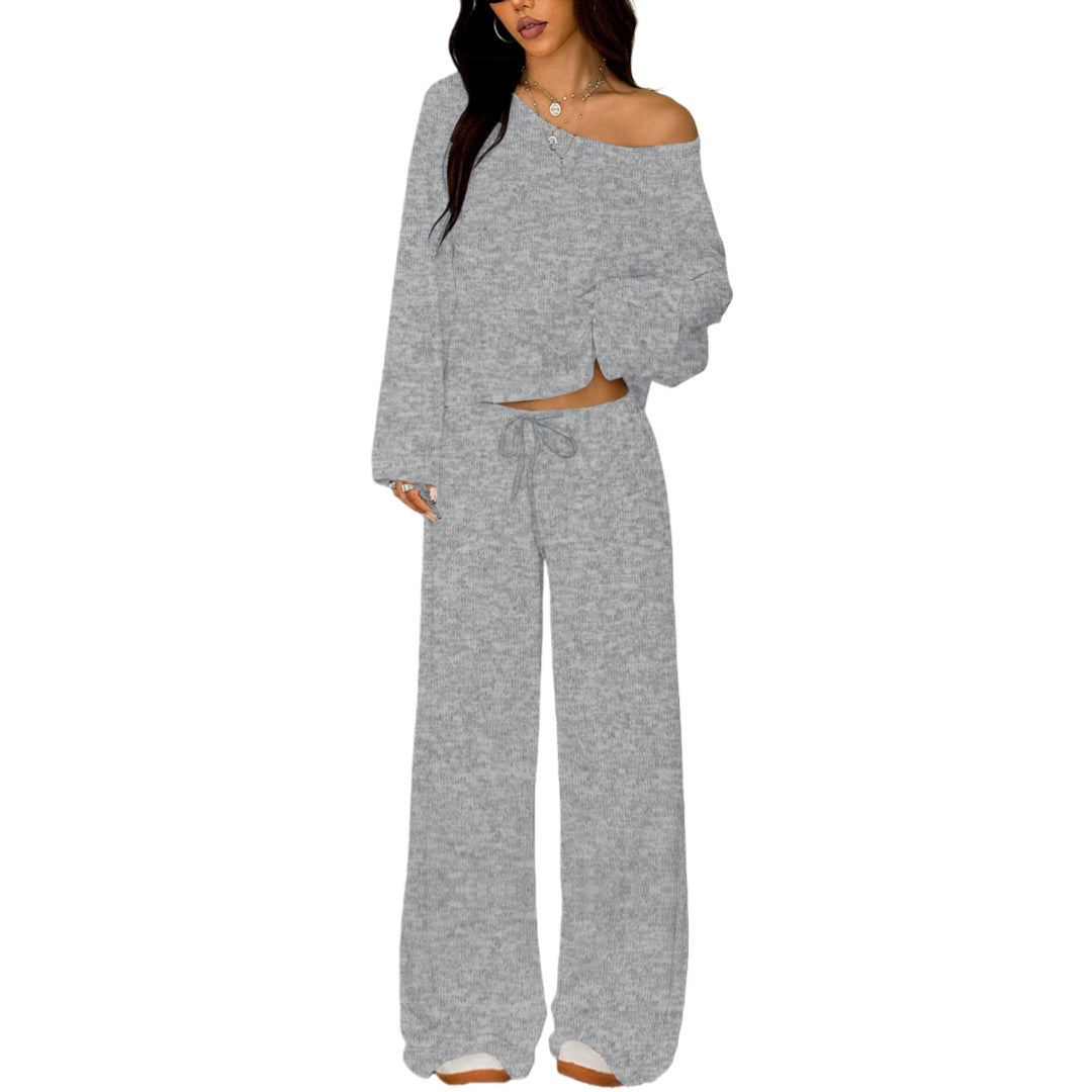 Womens Solid-Color Casual Off-the-Shoulder Long-Sleeve Pants NorixaFashion.com