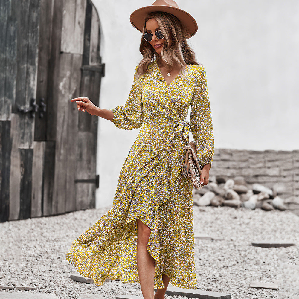 Autumn And Winter Floral Dress With Chest Wrap And Tie Large Swing Skirt Leisure Holiday Style LadyShow.Store