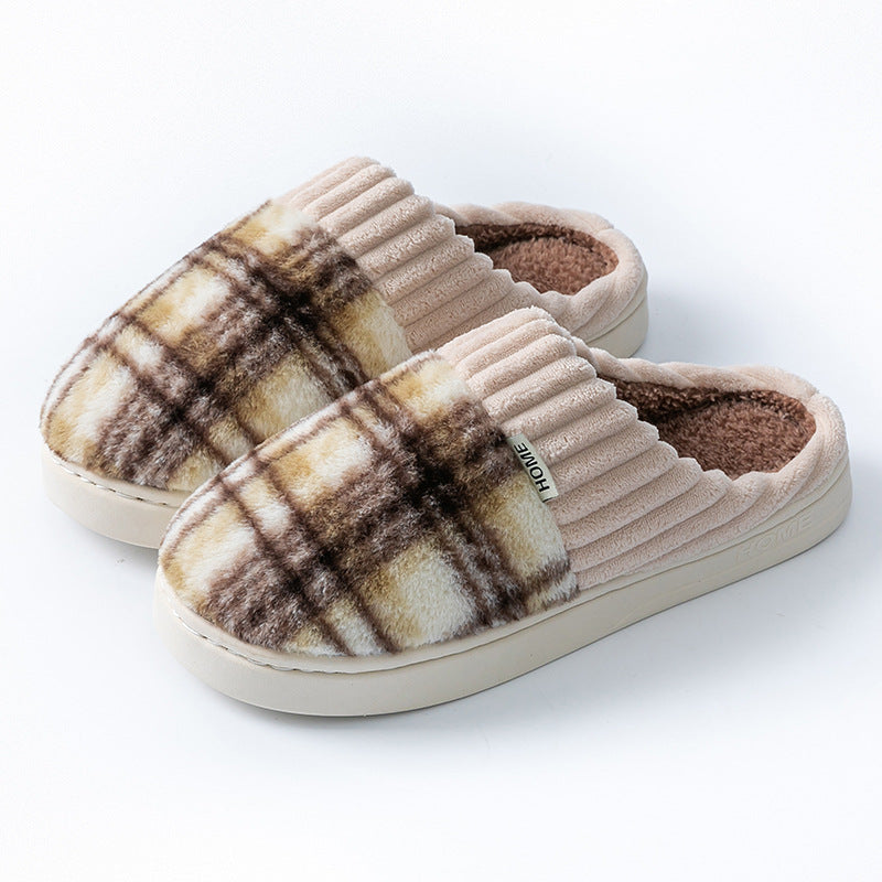 Plaid Plush Slippers Warm Soft Non-slip Bedroom Home Slipper For Couples Women Men House Shoes CJD