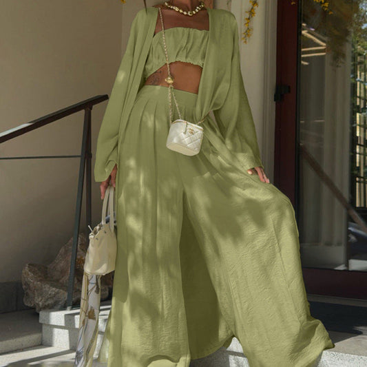 Sage Green 3-Piece Loungewear Set - Crop Top, Kimono Cardigan & Wide Leg Pants NorixaFashion.com