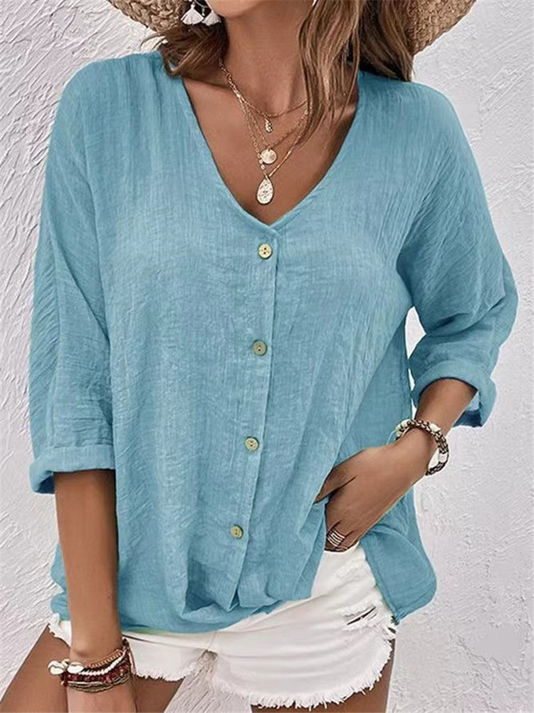 V-neck Long-sleeved T-shirt Fashion Solid Color Button Top Casual Loose Clothing For Women