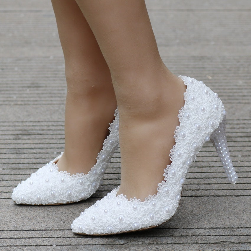 Pearl Lace Large Size Wedding Shoes Stiletto Single Shoes Women LadyShow.Store