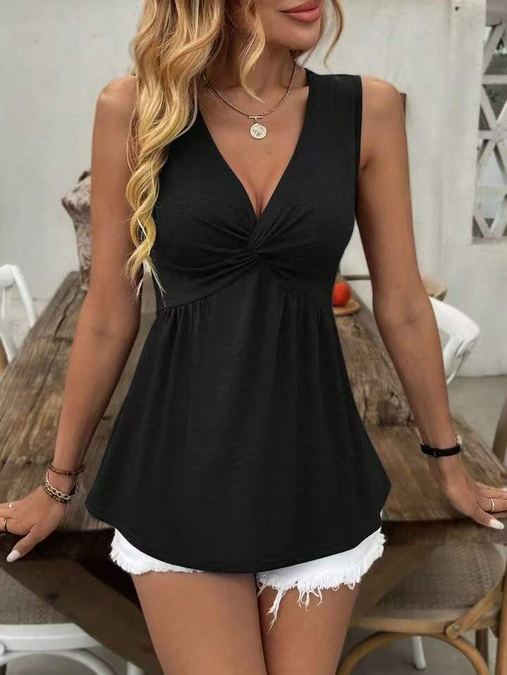 Sleeveless V-neck Design With A Twisted Ruched Waist-cinching Detail On The Back NorixaFashion.com