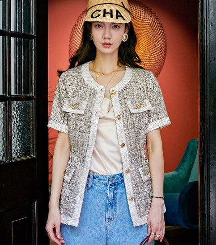 Casual Short Sleeve Jacket for Women, Tweed Style Pi-Mart