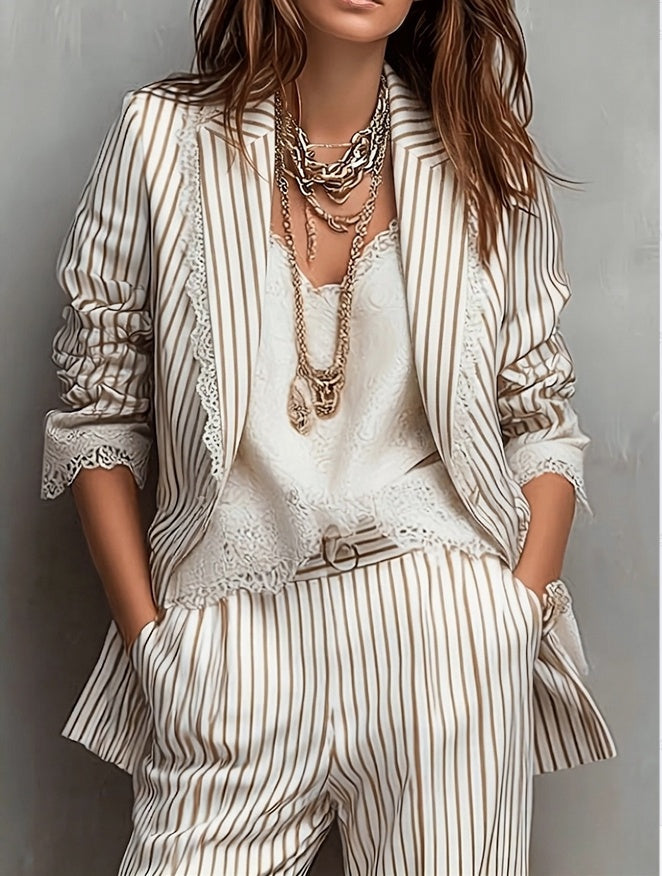 Striped Lace Spliced Elegant Blazer Coat NorixaFashion.com