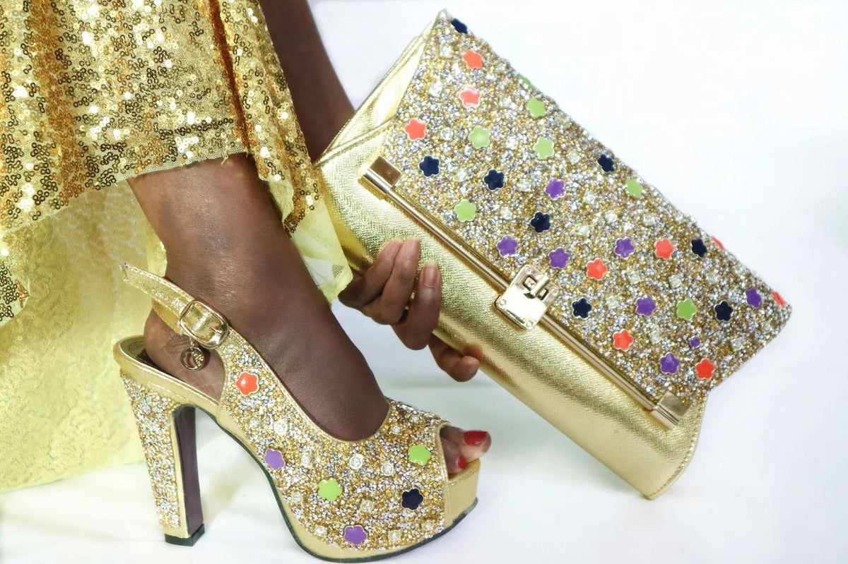 Gold Color Peep Toes High Heels With Clutch Bag For Party LadyShow.Store