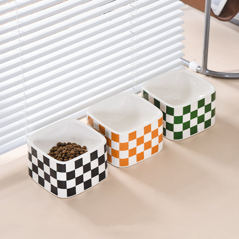 Black And White Lattice Ceramic High Foot Neck Protecting Pet Bowl Pets Fashion