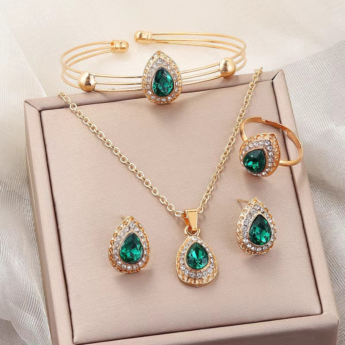 Jewelry Suit Women's Water Drop Gem Series Necklace Earring Ring Bracelet Four-piece Set LadyShow.Store