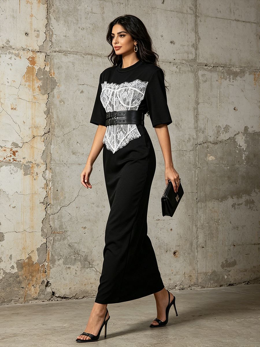 Contrast Lace Corset Panel Midi Bodycon Dress With Wide Belt NorixaFashion.com